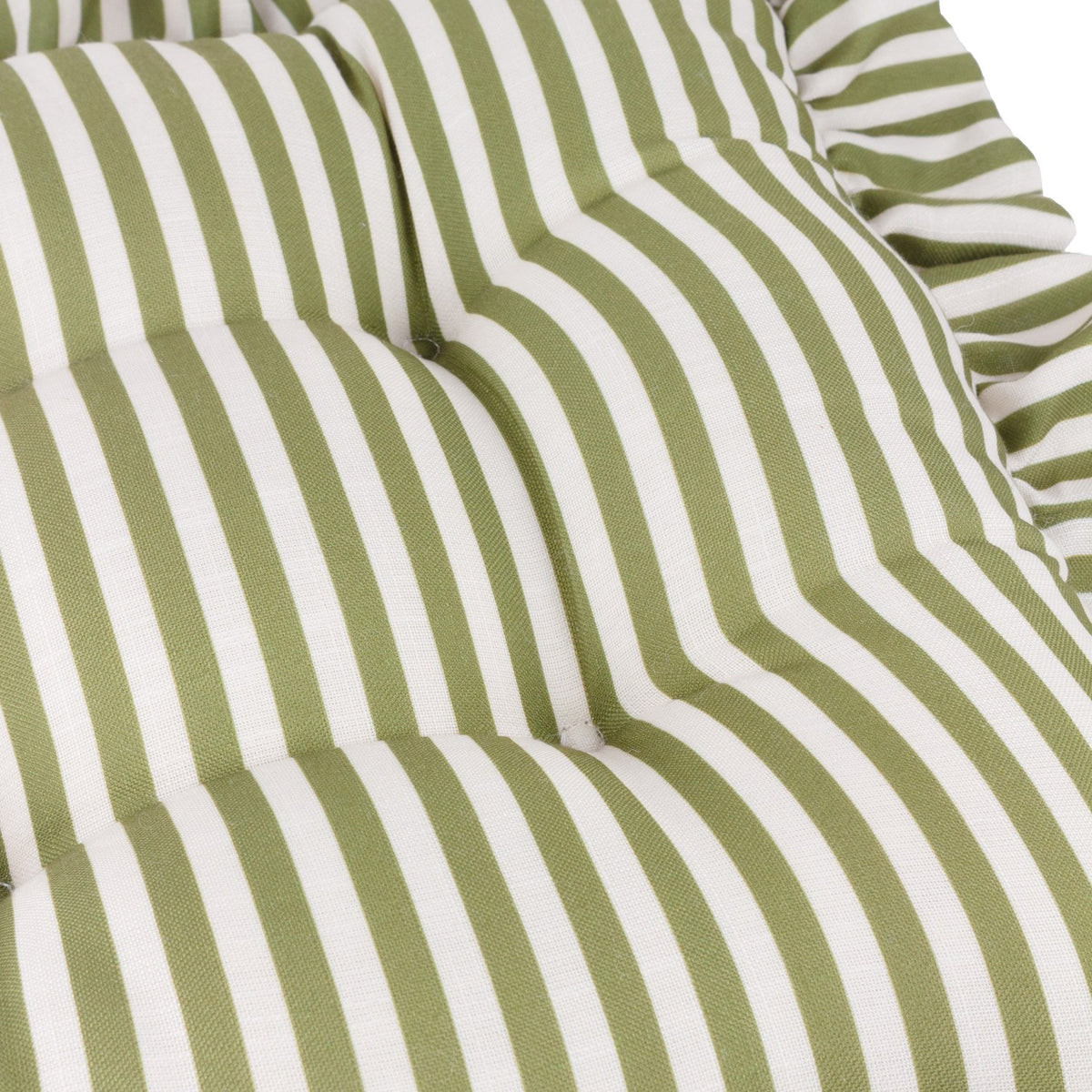 Close-up of the Millie Ruffle striped seat pad in green and white polyester, showing tufted padding and ruffle trim detail.