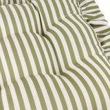 Close-up of the Millie Ruffle striped seat pad in green and white polyester, showing tufted padding and ruffle trim detail.