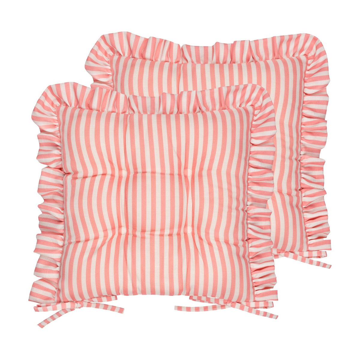 Two square Millie Ruffle seat pads in pink and white striped polyester, each with a gathered ruffle edge and buttoned tufting, shown on a plain white background.