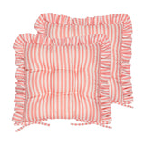 Two square Millie Ruffle seat pads in pink and white striped polyester, each with a gathered ruffle edge and buttoned tufting, shown on a plain white background.