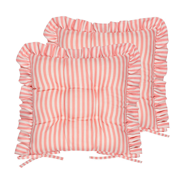 Two square Millie Ruffle seat pads in pink and white striped polyester, each with a gathered ruffle edge and buttoned tufting, shown on a plain white background.