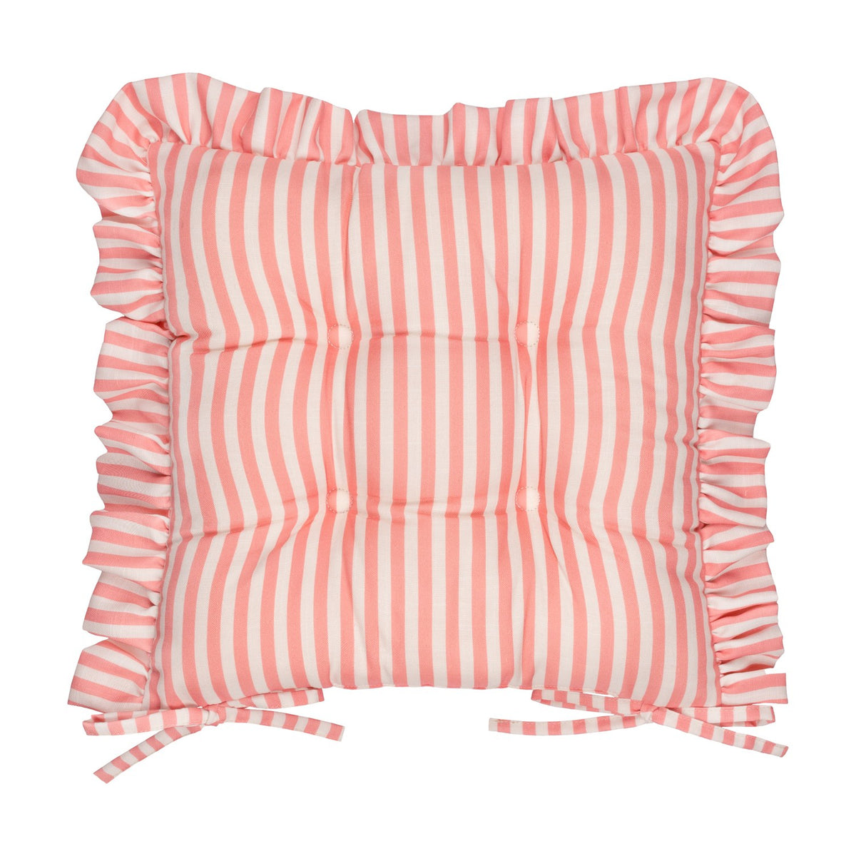 Millie Ruffle Striped Polyester Seat Pad in pink and white, square with tufted buttoned centre and gathered ruffle edge, tie fastenings, shown on a plain white background.