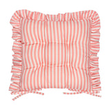 Millie Ruffle Striped Polyester Seat Pad in pink and white, square with tufted buttoned centre and gathered ruffle edge, tie fastenings, shown on a plain white background.