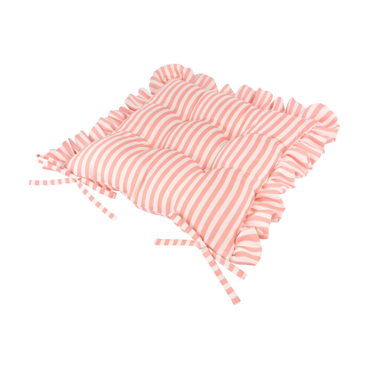 Millie Ruffle Striped Polyester Seat Pad in pink and white, square tufted cushion with a gathered ruffle edge and tie fastenings, shown on a plain white background.