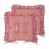 Millie Ruffle Striped Polyester Seat Pad in red and white, a pair of square padded chair cushions with gathered ruffle edging and tie fastenings, shown on a plain white background.