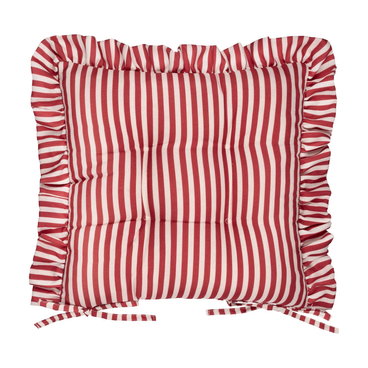 Millie Ruffle Striped Polyester Seat Pad in red and white, a padded 40x40cm chair cushion with gathered ruffle edging and tie fastenings, shown on a plain white background.