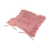 Millie Ruffle Striped Polyester Seat Pad in red and white vertical stripe with gathered frill edging and tie fastenings, shown on a plain white background.