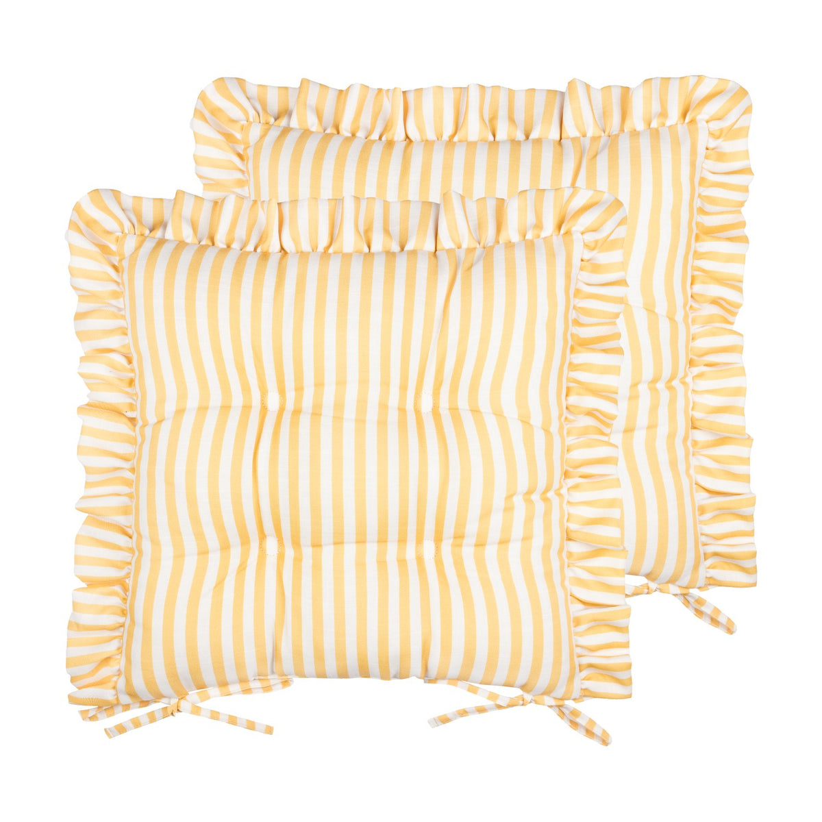 Millie Ruffle Striped Polyester Seat Pads in yellow and white, shown as a pair with gathered ruffle edges and tie fastenings on a plain white background.
