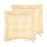 Millie Ruffle Striped Polyester Seat Pads in yellow and white, shown as a pair with gathered ruffle edges and tie fastenings on a plain white background.