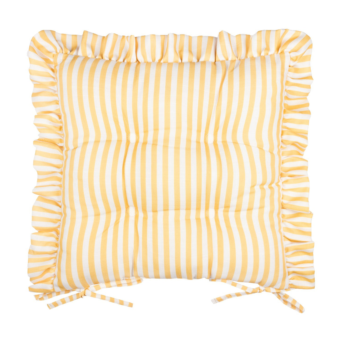 Millie Ruffle Striped Polyester Seat Pad in yellow and white stripe with gathered ruffle edge, tie fastenings, on a plain white background.