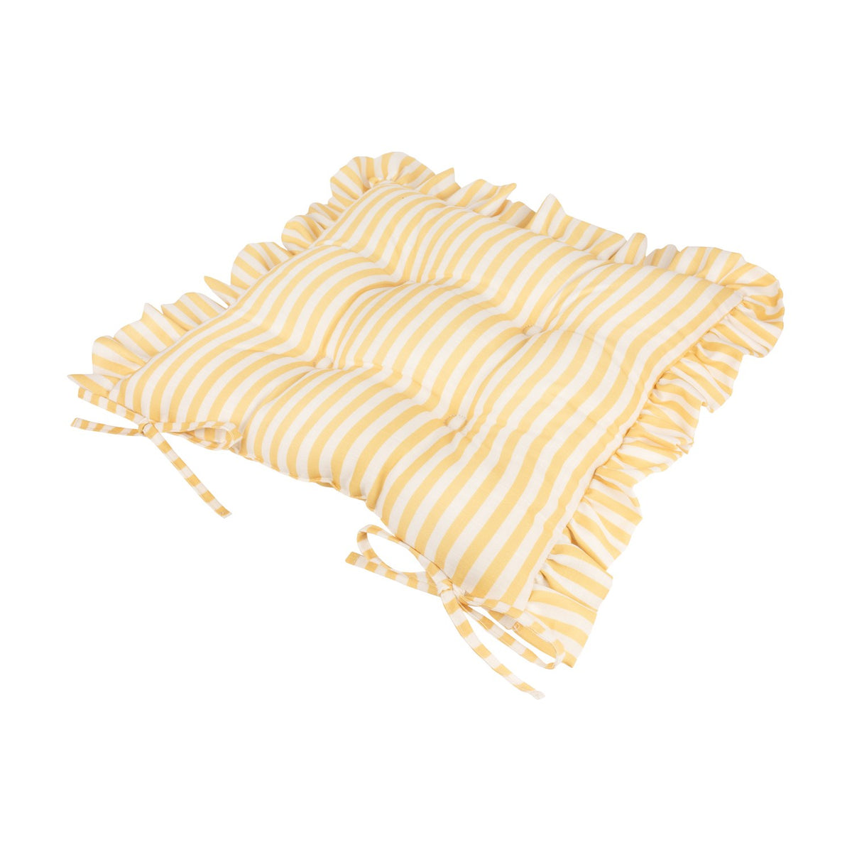 Millie Ruffle Striped Polyester Seat Pad in yellow and white, square cushion with gathered ruffle edge and tie fastenings, shown on a plain white background.