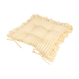 Millie Ruffle Striped Polyester Seat Pad in yellow and white, square cushion with gathered ruffle edge and tie fastenings, shown on a plain white background.