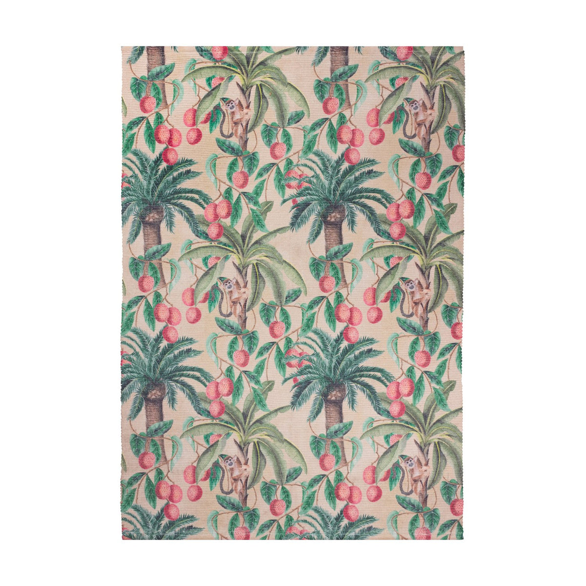 Monkey Palm Jungle polyester rug in papyrus, featuring a repeating tropical print of palm trees, hanging pink fruit and small monkeys in green and pink tones, shown flat on a plain white background.