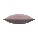 Side view of the Moonlit Flight velvet cushion showing dusty pink and grey tones, plump square shape with piped edges, on a plain white background.