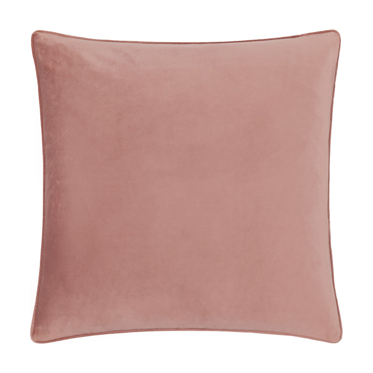 Square velvet cushion in dusty pink with a plain reverse side and matching piped edge trim, shown on a plain white background.