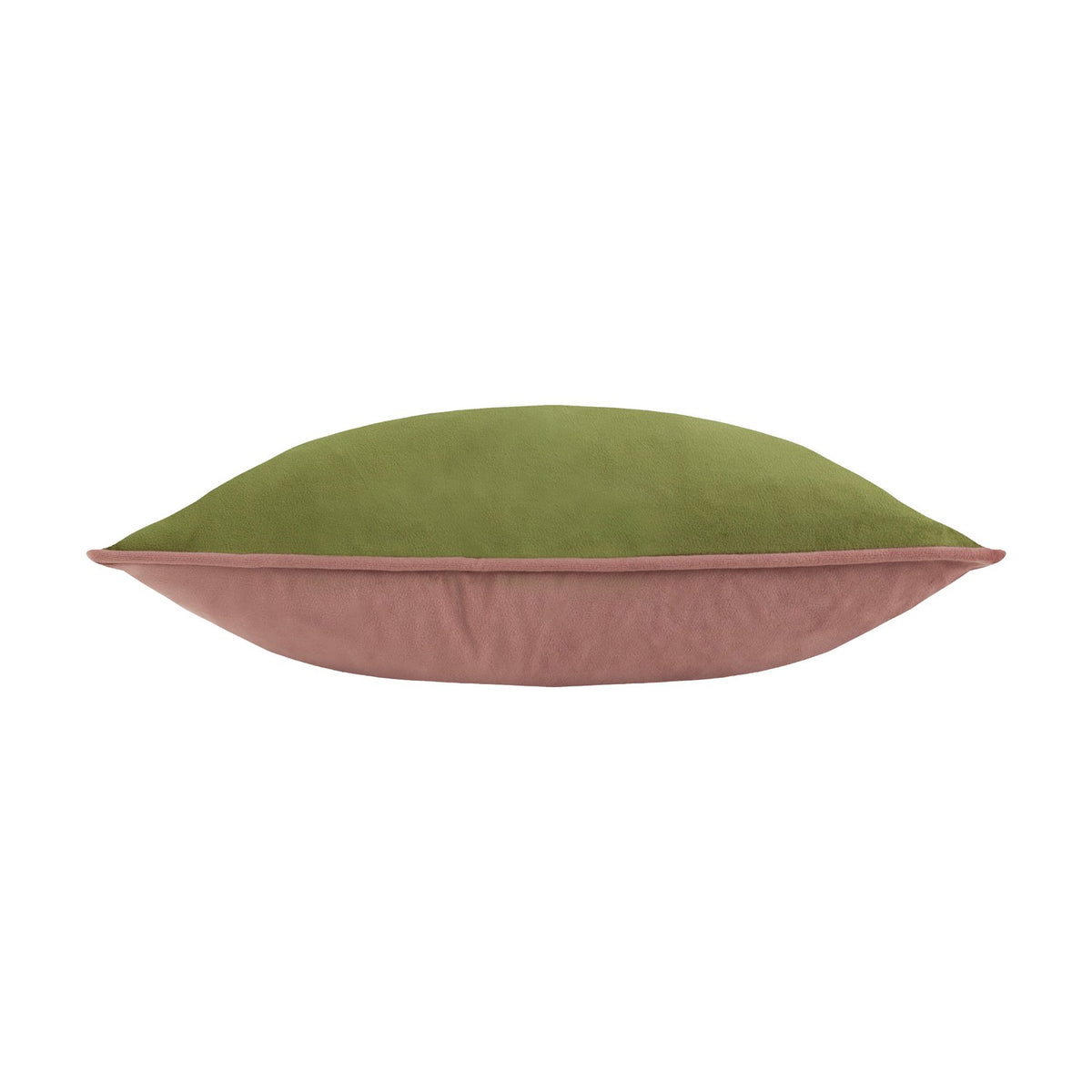Side view of the Moonlit Flight velvet cushion showing olive green front and dusky pink reverse with piped edging, on a white background.