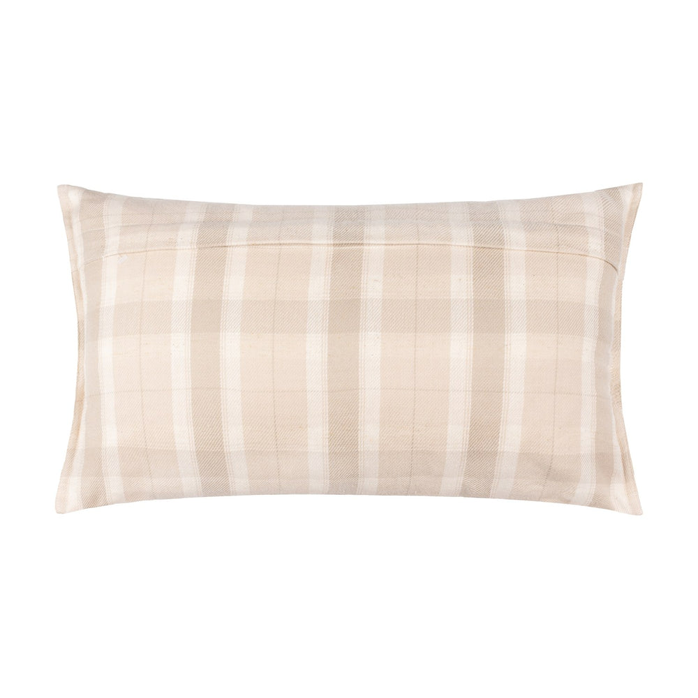 Moorland Stag Reversible Linen Cushion in Nut, shown reverse side with a woven check pattern in nut and cream tones, rectangular shape on a plain white background.