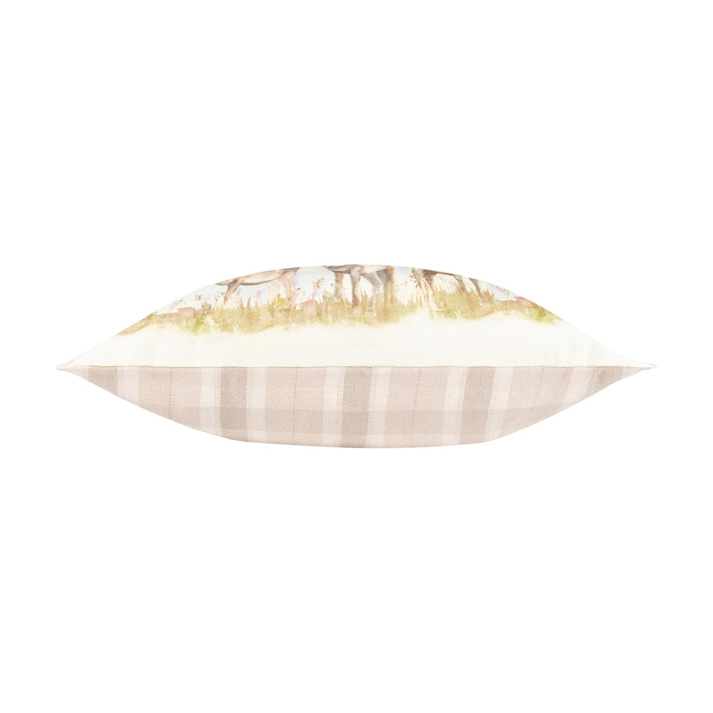 Side view of the Moorland Stag Reversible Linen Cushion, showing watercolour stag print fading into a nut and cream check reverse, on a white background.
