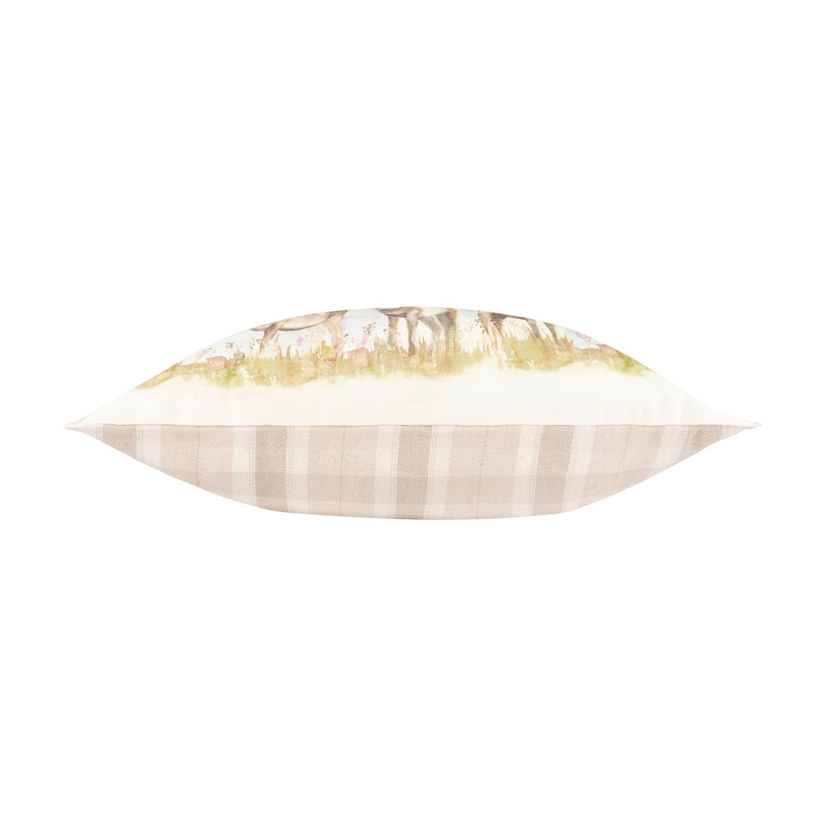 Side view of the Moorland Stag Reversible Linen Cushion, showing watercolour stag print fading into a nut and cream check reverse, on a white background.