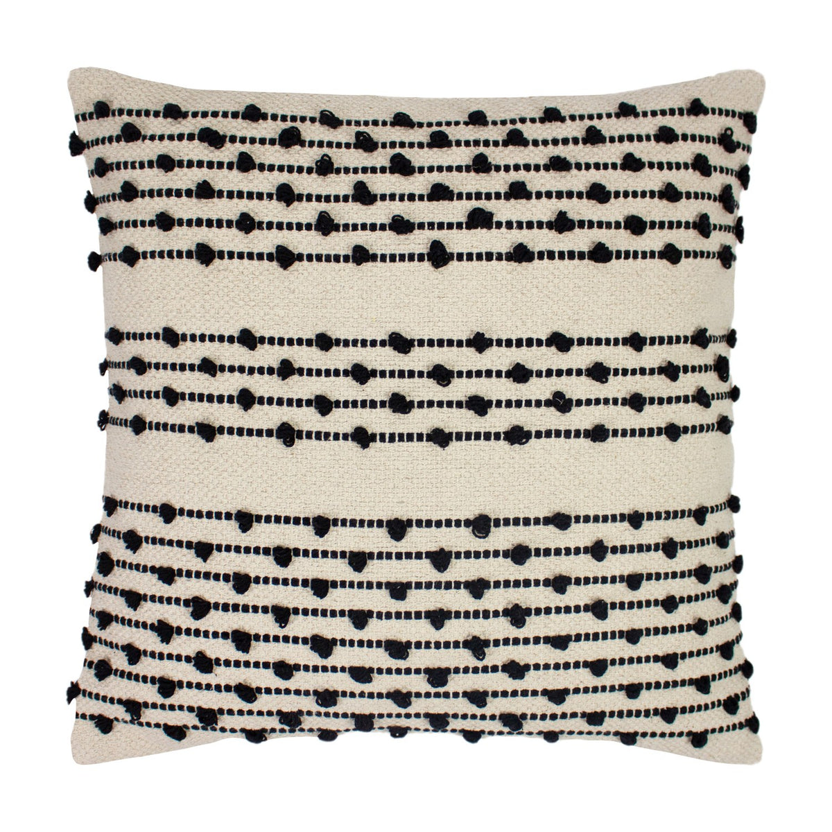 Mossa Plain Cotton Cushion in natural cotton with rows of black looped knots and dotted stitching, square shape, plain white background.
