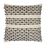 Mossa Plain Cotton Cushion in natural cotton with rows of black looped knots and dotted stitching, square shape, plain white background.
