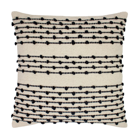Mossa Plain Cotton Cushion in natural cotton with rows of black looped knots and dotted stitching, square shape, plain white background.