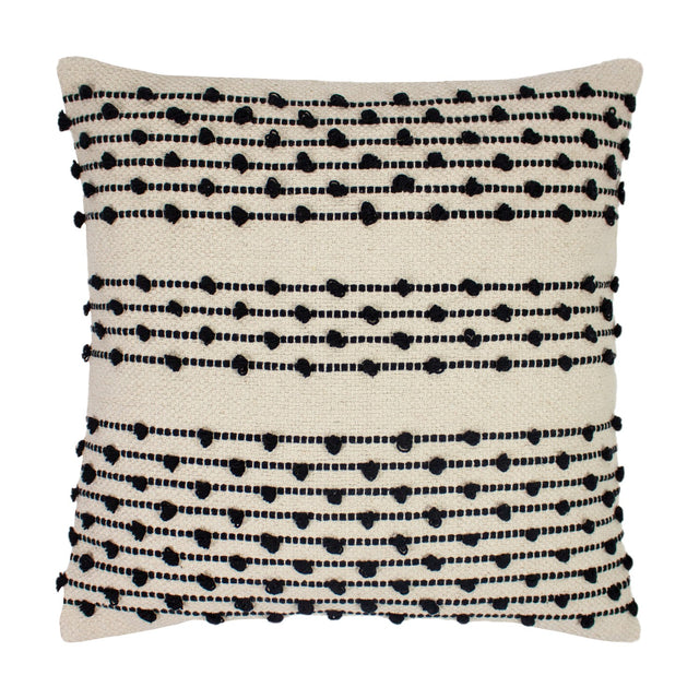 Mossa Plain Cotton Cushion in natural cotton with rows of black looped knots and dotted stitching, square shape, plain white background.