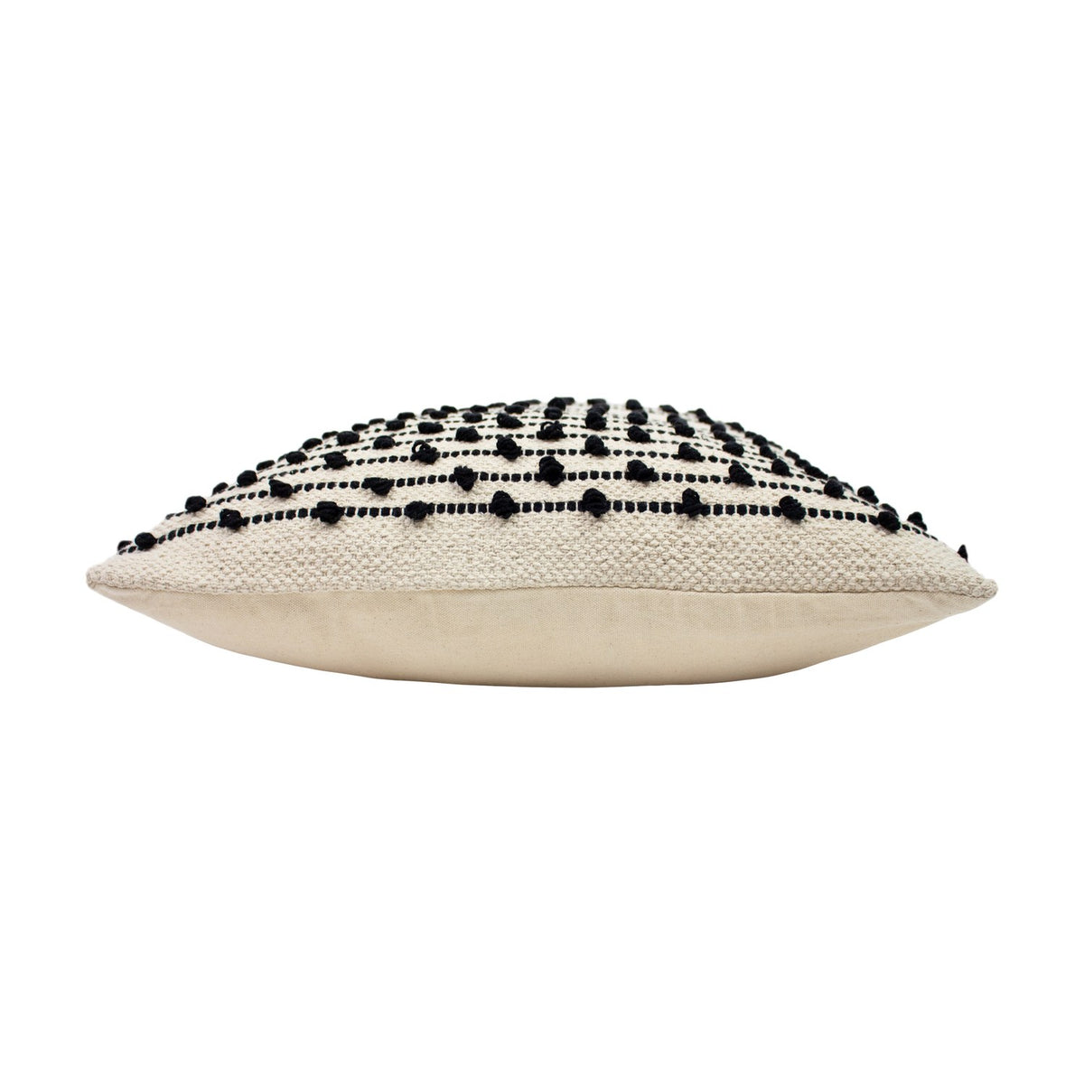 Mossa Plain Cotton Cushion in natural cotton, side view showing raised black looped knots between dotted stitched lines and a plain back, on a white background.