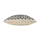 Mossa Plain Cotton Cushion in natural cotton, side view showing raised black looped knots between dotted stitched lines and a plain back, on a white background.