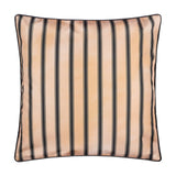 Monkey Palm Reversible Polyester Cushion in Papyrus, striped reverse side shown with beige and black vertical stripes and piped edging, photographed on a plain white background.
