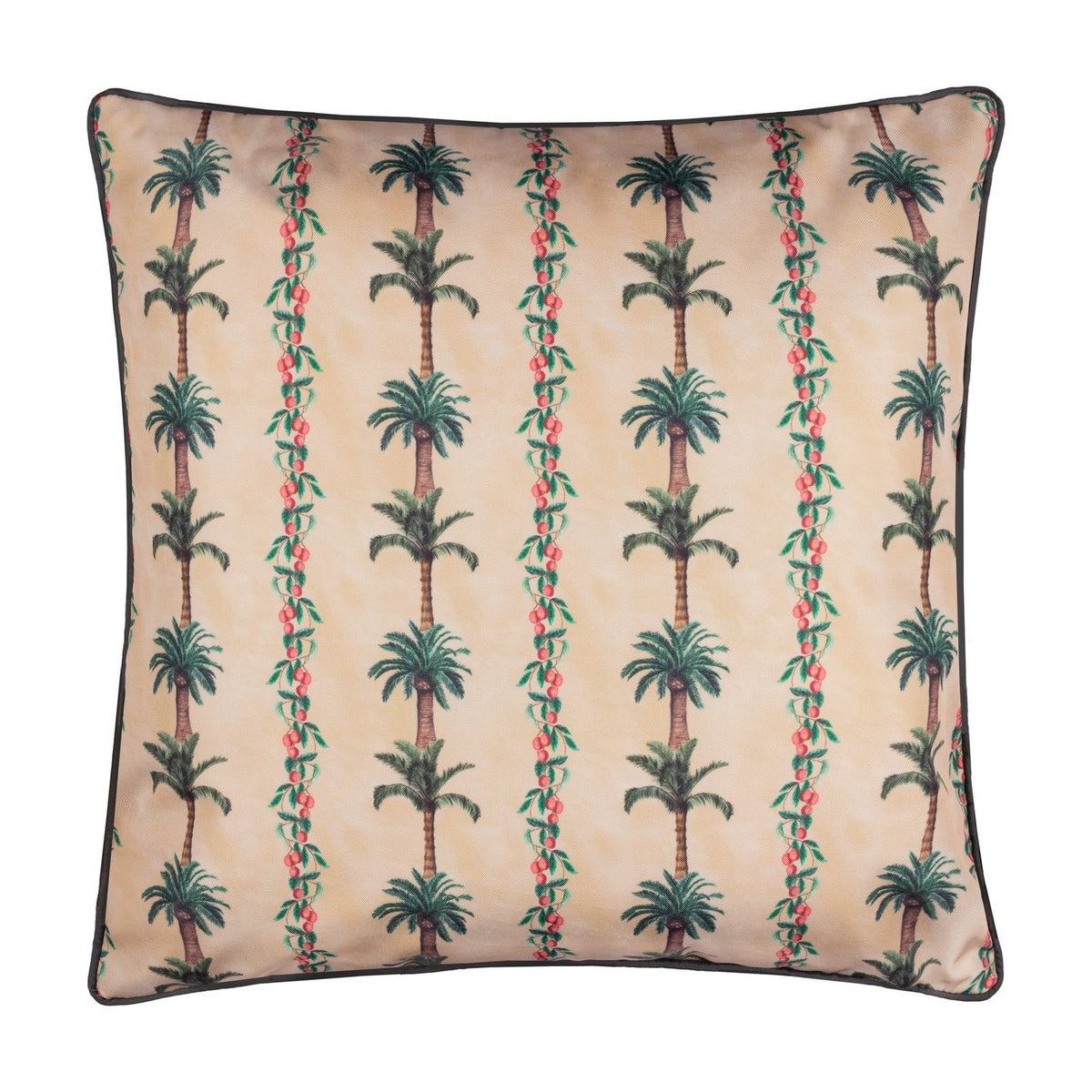 Square 45x45cm reversible outdoor cushion in beige with a repeating palm-tree print, green fronds and red berries between striped columns, finished with dark piping, shown on a white background.