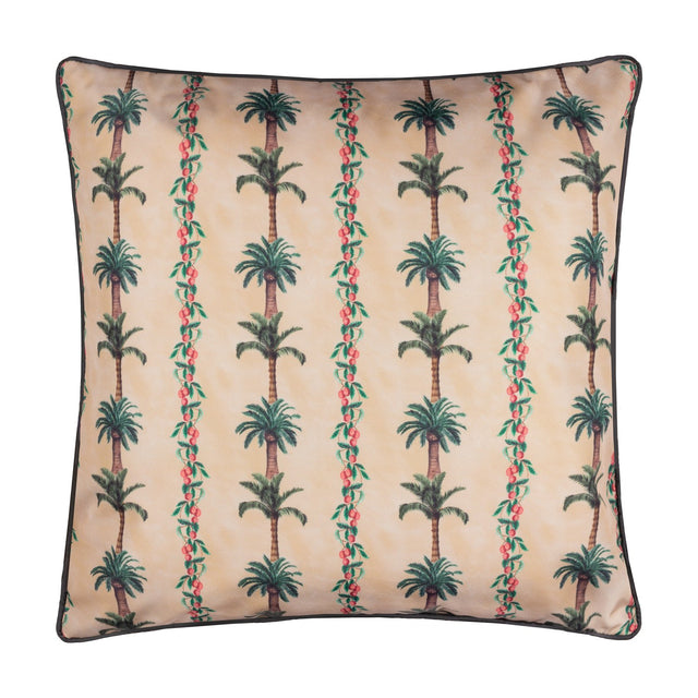 Square 45x45cm reversible outdoor cushion in beige with a repeating palm-tree print, green fronds and red berries between striped columns, finished with dark piping, shown on a white background.