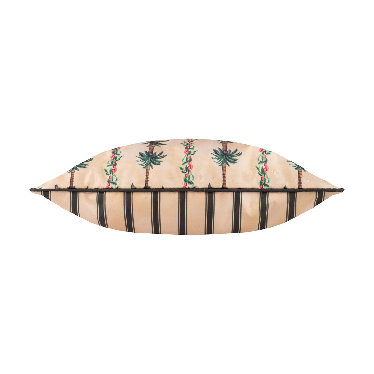 Reversible 45x45cm square cushion in beige polyester, one side with green palm trees and red berries on a striped ground, reverse in black and beige stripes, shown on a white background.
