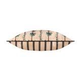 Reversible 45x45cm square cushion in beige polyester, one side with green palm trees and red berries on a striped ground, reverse in black and beige stripes, shown on a white background.