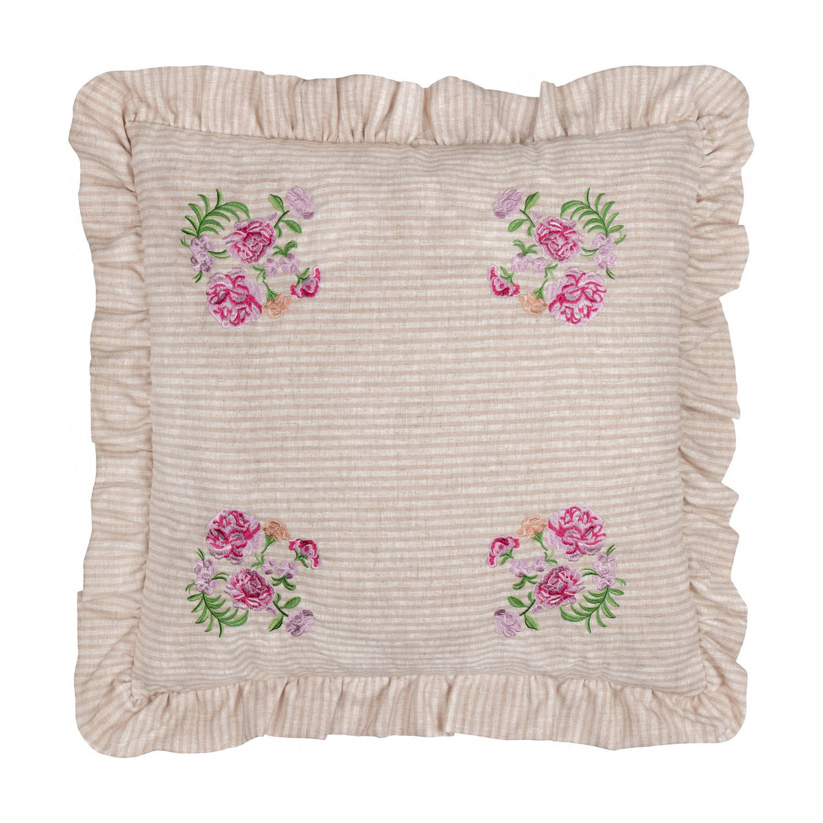 Martha Floral Linen Cushion in pink, square with ruffled edge, oatmeal stripe fabric and corner floral embroidery, shown on a plain white background.