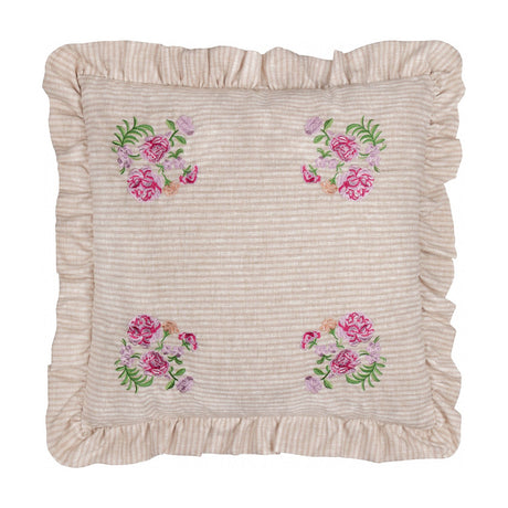 Martha Floral Linen Cushion in pink, square with ruffled edge, oatmeal stripe fabric and corner floral embroidery, shown on a plain white background.