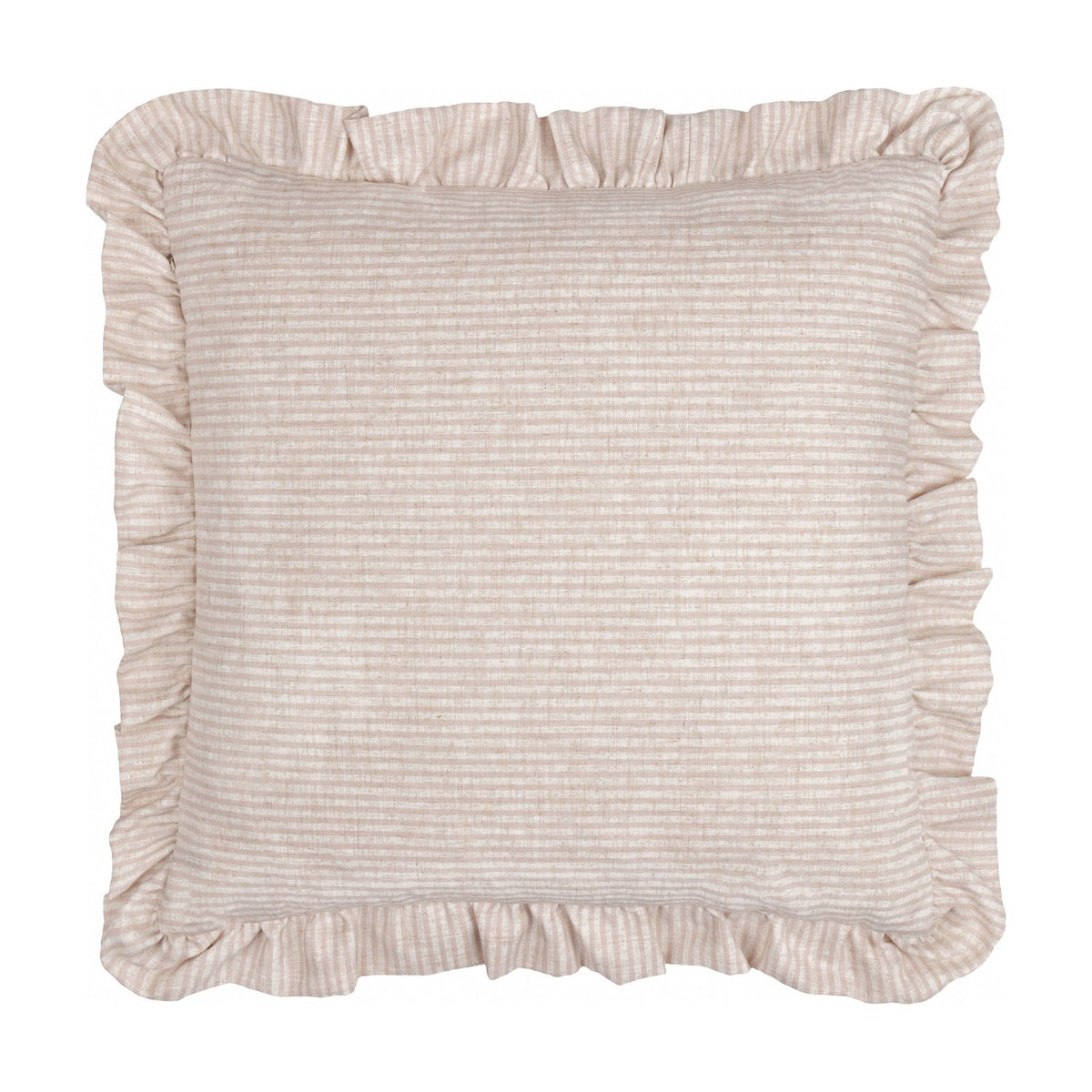 Martha Floral Linen Cushion in pink, a 50x50cm square cushion with ruffled edge trim and fine oatmeal stripe linen-blend fabric, shown on a plain white background.