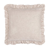 Martha Floral Linen Cushion in pink, a 50x50cm square cushion with ruffled edge trim and fine oatmeal stripe linen-blend fabric, shown on a plain white background.