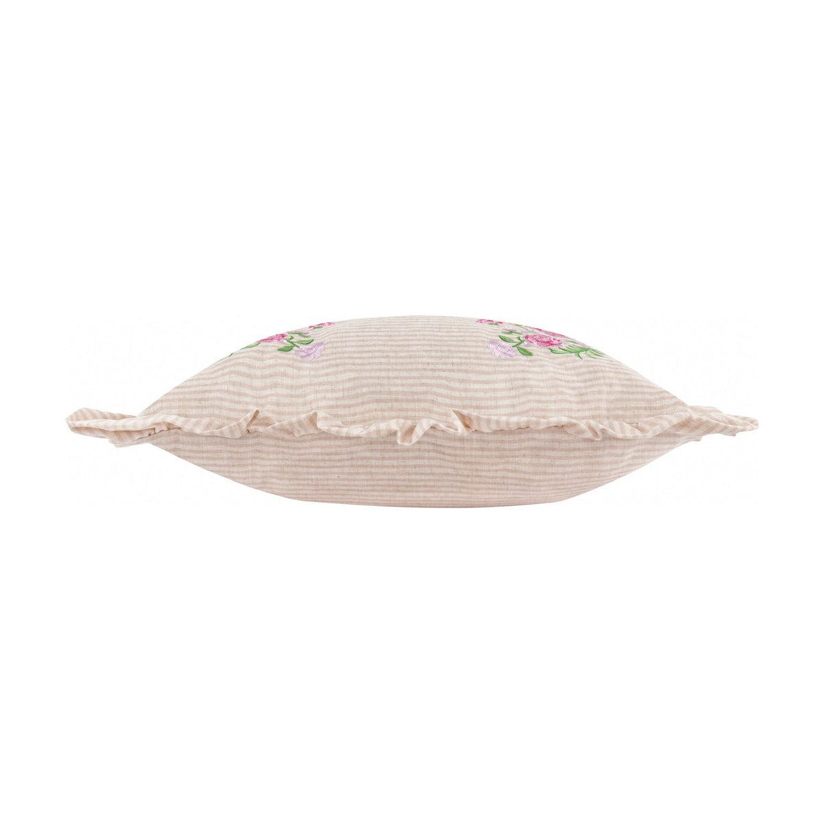 Martha Floral Linen Cushion in pink, shown side-on with ruffled edge trim, oatmeal stripe fabric, and corner floral embroidery, set against a plain white background.