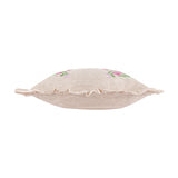 Martha Floral Linen Cushion in pink, shown side-on with ruffled edge trim, oatmeal stripe fabric, and corner floral embroidery, set against a plain white background.