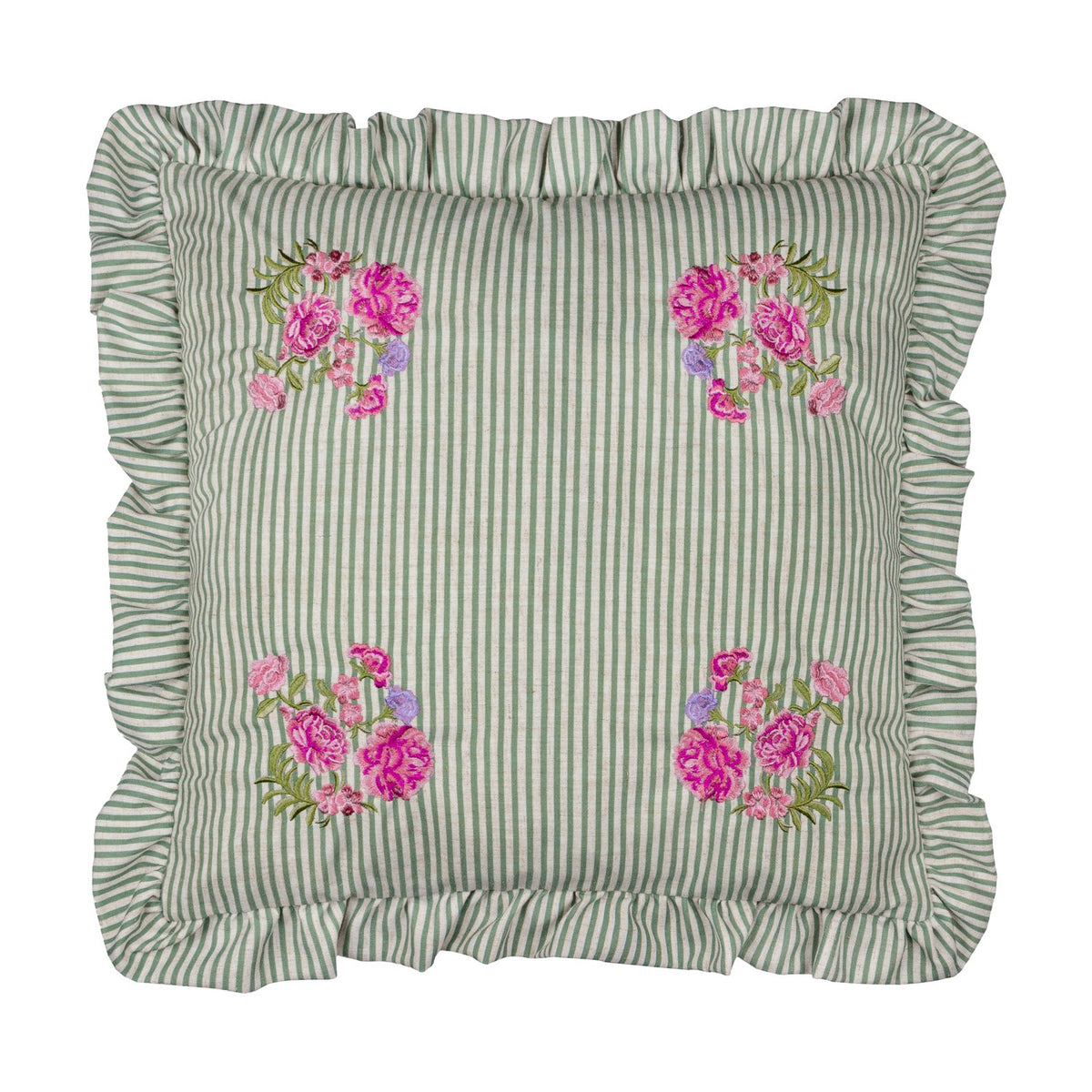 Martha Floral Linen Cushion in Sage, a 50cm square cushion with green-and-cream ticking stripes, corner floral embroidery in pink and lilac, and a gathered ruffle edge, shown on a white background.