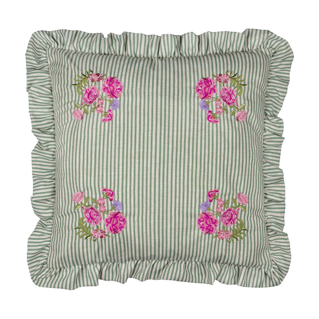 Martha Floral Linen Cushion in Sage, a 50cm square cushion with green-and-cream ticking stripes, corner floral embroidery in pink and lilac, and a gathered ruffle edge, shown on a white background.