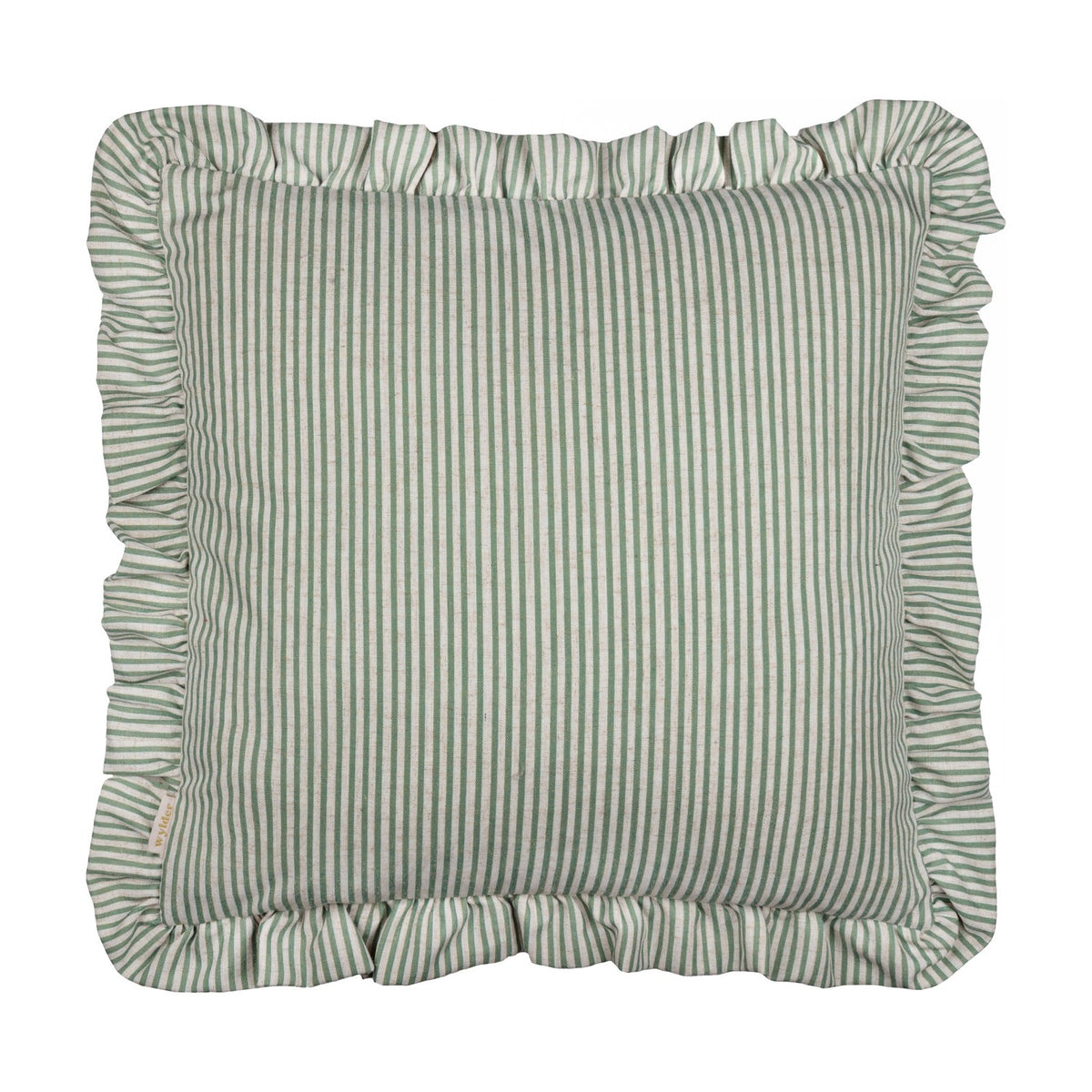 Martha Floral Linen Cushion in sage-and-cream ticking stripe, square with a gathered ruffle edge, linen-polyester blend, shown on a plain white background.