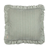 Martha Floral Linen Cushion in sage-and-cream ticking stripe, square with a gathered ruffle edge, linen-polyester blend, shown on a plain white background.