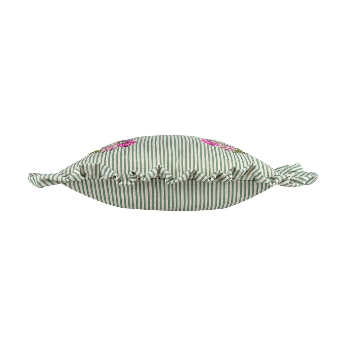 Martha Floral Linen Cushion in sage-and-cream ticking stripe, shown side-on with corner tassels and a gathered ruffle edge, pink floral embroidery visible, on a plain white background.