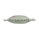 Martha Floral Linen Cushion in sage-and-cream ticking stripe, shown side-on with corner tassels and a gathered ruffle edge, pink floral embroidery visible, on a plain white background.