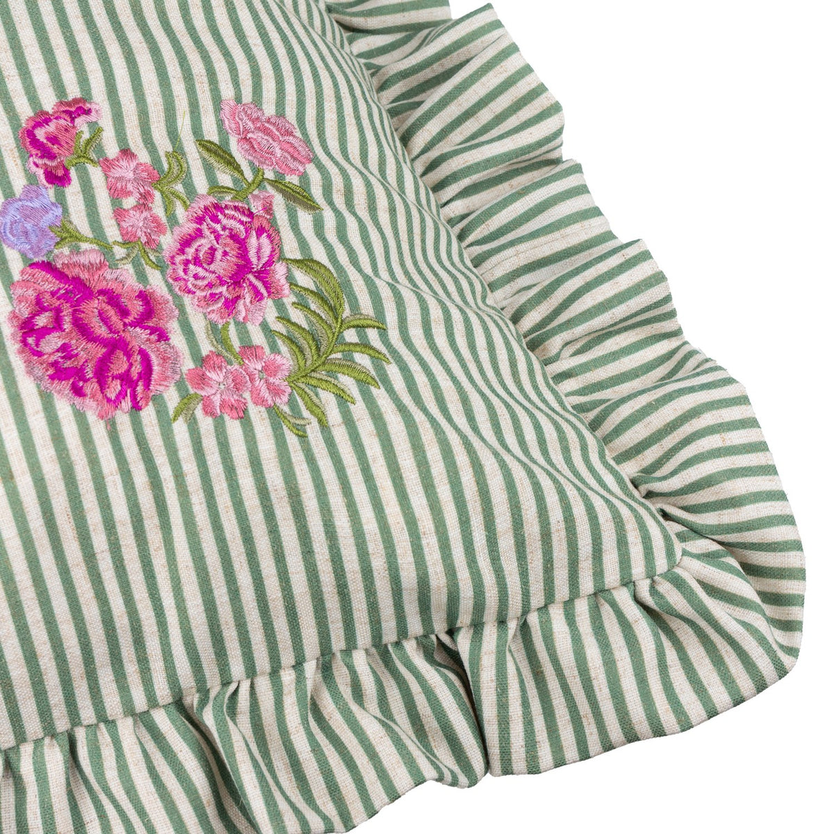Martha Floral Linen Cushion in Sage, square with sage-and-cream ticking stripe, pink and magenta floral embroidery, gathered ruffle edge, on a white background.