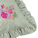 Martha Floral Linen Cushion in Sage, square with sage-and-cream ticking stripe, pink and magenta floral embroidery, gathered ruffle edge, on a white background.