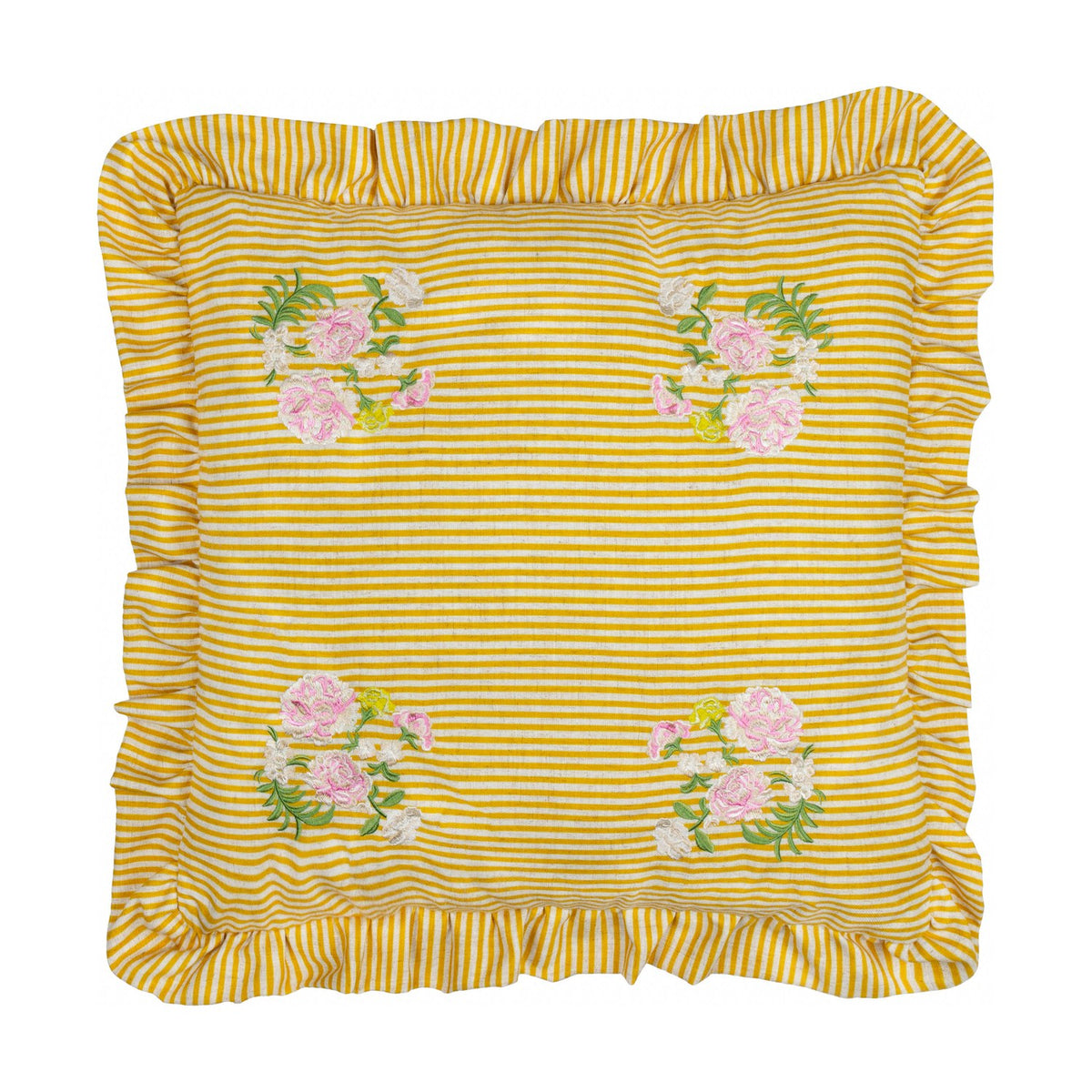 Martha Floral Linen Cushion in yellow-and-cream stripe with pink floral embroidery in each corner and a ruffled edge trim, shown on a plain white background.