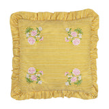 Martha Floral Linen Cushion in yellow-and-cream stripe with pink floral embroidery in each corner and a ruffled edge trim, shown on a plain white background.